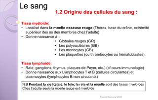 Le sang
Tissu myéloïde:
• Localisé dans la moelle osseuse rouge (Thorax, base du crâne, extrémité
supérieur des os des membres chez l’adulte)
• Donne naissance à :
• Globules rouges (GR)
• Les polynucléaires (GB)
• Les monocytes (GB)
• Les plaquettes (ou thrombocytes ou hématoblastes)
Tissu lymphoïde:
• Rate, ganglions, thymus, plaques de Peyer, etc.) (cf cours immunologie)
• Donne naissance aux Lymphocytes T et B (cellules circulantes) et
plasmocytes (lymphocytes B non circulants)
1.2 Origine des cellules du sang :
N.B Pendant la vie fœtale, le foie, la rate et la moelle sont des tissus myéloïdes
Chez l’adulte seule la moelle rouge est myéloïde
Franck Rencurel 2020
 