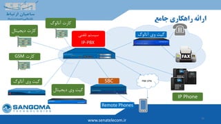 10
‫جامع‬ ‫راهکاری‬ ‫ارائه‬
www.senatelecom.ir
‫دیجیتال‬ ‫وی‬ ‫گیت‬
‫آنالوگ‬ ‫وی‬ ‫گیت‬
‫تلفنی‬ ‫سیستم‬
IP-PBX
‫آنالوگ‬ ‫وی‬ ‫گیت‬
SBC
Remote Phones
‫دیجیتال‬ ‫کارت‬
‫آنالوگ‬ ‫کارت‬
PBX VPN
‫کارت‬GSM
IP Phone
 