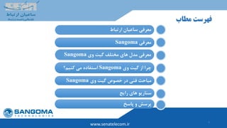 3
‫ارتباط‬ ‫ساعیان‬ ‫معرفی‬
‫معرفی‬Sangoma
‫های‬ ‫مدل‬ ‫معرفی‬‫مختلف‬‫وی‬ ‫گیت‬Sangoma
‫وی‬ ‫گیت‬ ‫خصوص‬ ‫در‬ ‫فنی‬ ‫مباحث‬Sangoma
‫مطاب‬ ‫فهرست‬
‫رایج‬ ‫های‬ ‫سناریو‬
‫وی‬ ‫گیت‬ ‫از‬ ‫چرا‬Sangoma‫کنیم؟‬ ‫می‬ ‫استفاده‬
www.senatelecom.ir
‫پاسخ‬ ‫و‬ ‫پرسش‬
 