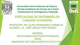 Universidad Juárez Autónoma de Tabasco
División Académica de Ciencias de la Salud
Coordinación de Investigación y Posgrado
ESPECIALIDAD DE ENFERMERÍA EN
CUIDADOS INTENSIVOS
PROFESOR: DR. ELIAS HERNANDEZ CORNELIO
ALUMNO: L.E. JOSE JESUS FRIAS GOMEZ
MATERIA:
PATOLOGIAS GASTROINTESTINALES
TEMA:
SANGRADO DE TUBO DIGESTIVO ALTO Y BAJO
 
