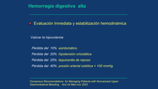 Hemorragia digestiva alta
Evaluación Inmediata y estabilización hemodinámica
Valorar la hipovolemia
Pérdida del 10% asintomático
Pérdida del 20% hipotensión ortostática
Pérdida del 25% taquicardia de reposo
Pérdida del 40% presión arterial sistólica < 100 mmHg
Consensus Recomendations for Managing Patients with Nonvariceal Upper
Gastrointestinal Bleeding Ann Int Med nov 2003
 