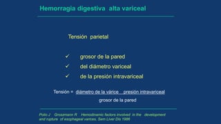 Hemorragia digestiva alta variceal
Tensión parietal
 grosor de la pared
 del diámetro variceal
 de la presión intravariceal
Polio J Groszmann R Hemodinamic factors involved in the development
and rupture of esophageal varices. Sem Liver Dis 1986
Tensión = diámetro de la várice presión intravariceal
grosor de la pared
 