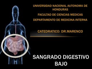 UNIVERSIDAD NACIONAL AUTONOMA DE
HONDURAS
FACULTAD DE CIENCIAS MEDICAS
DEPARTAMENTO DE MEDICINA INTERNA
CATEDRATICO: DR.MARENCO
SANGRADO DIGESTIVO
BAJO
 