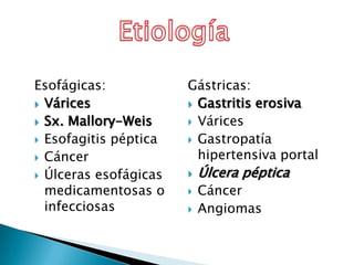 Esofágicas:
 Várices
 Sx. Mallory-Weis
 Esofagitis péptica
 Cáncer
 Úlceras esofágicas
medicamentosas o
infecciosas
Gástricas:
 Gastritis erosiva
 Várices
 Gastropatía
hipertensiva portal
 Úlcera péptica
 Cáncer
 Angiomas
 