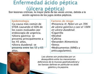 Son lesiones crónicas, la mayor parte de las veces uncías, debida a la
acción agresiva de los jugos ácidos pépticos.
Factores de riesgo:
•Presencia H. Pylori en un 70%
de ulcera gástrica y casi el 100%
en ulcera duodenal.
•Cigarrillo
•Alcohol
•Cafeína
•Desorden Alimenticio
•Stress
•Medicamentos (AINEs y
anticuagulantes).
Epidemiología:
•La causa más común de
STDA causando el 60% de
los casos evaluados por
endoscopía de urgencia.
•Ulcera gástrica: se
presenta principalmente a
los 45 años.
•Ulcera duodenal: se
presenta entre los 55 y 65
años.
Las ulceras son producidas por un
desequilibrio entre los mecanismos
defensivos de la mucosa gastroduodenal y
las fuerzas dañinas en particular es ácido
gástrico y la pepsina.
 