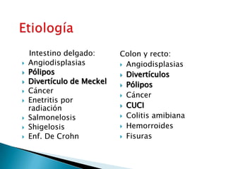 Intestino delgado:
 Angiodisplasias
 Pólipos
 Divertículo de Meckel
 Cáncer
 Enetritis por
radiación
 Salmonelosis
 Shigelosis
 Enf. De Crohn
Colon y recto:
 Angiodisplasias
 Divertículos
 Pólipos
 Cáncer
 CUCI
 Colitis amibiana
 Hemorroides
 Fisuras
 