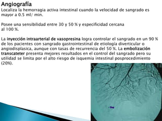 Angiografía
Localiza la hemorragia activa intestinal cuando la velocidad de sangrado es
mayor a 0.5 ml/ min.
Posee una sensibilidad entre 30 y 50 % y especificidad cercana
al 100 %.
La inyección intraarterial de vasopresina logra controlar el sangrado en un 90 %
de los pacientes con sangrado gastrointestinal de etiología diverticular o
angiodisplasica, aunque con tasas de recurrencia del 50 %. La embolización
transcateter presenta mejores resultados en el control del sangrado pero su
utilidad se limita por el alto riesgo de isquemia intestinal posprocedimiento
(20%).
 
