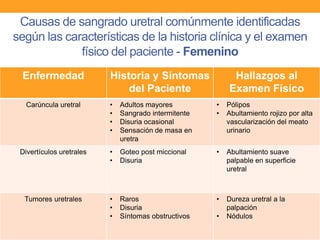 Causas de sangrado uretral comúnmente identificadas
según las características de la historia clínica y el examen
físico del paciente - Femenino
Enfermedad

Historia y Síntomas
del Paciente

Hallazgos al
Examen Físico

Carúncula uretral

•
•
•
•

Adultos mayores
Sangrado intermitente
Disuria ocasional
Sensación de masa en
uretra

•
•

Pólipos
Abultamiento rojizo por alta
vascularización del meato
urinario

Divertículos uretrales

•
•

Goteo post miccional
Disuria

•

Abultamiento suave
palpable en superficie
uretral

Tumores uretrales

•
•
•

Raros
Disuria
Síntomas obstructivos

•

Dureza uretral a la
palpación
Nódulos

•

 