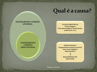 SANGRAMENTO UTERINO
      ANORMAL                             CAUSAS ORGÂNICAS
                                              •Ginecológicas
                                     •Não-ginecológicas (hemostasia,
                                             endócrinas, etc)




   SANGRAMENTO
      UTERINO                                DISFUNCIONAL
   DISFUNCIONAL                       •Sangramento uterino anormal
                                           sem causa orgânica
   SANGRAMENTO                                demonstrável


                                           DIAGNÓSTICO DE
                                              EXCLUSÃO




                      Chirlei A Ferreira
 