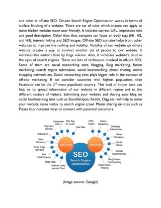 and other is off-site SEO. On-site Search Engine Optimization works in terms of
surface finishing of a website. There are set of rules which anyone can apply to
make his/her website more user friendly. It includes correct URL, impressive title
and good description. Other than that, company can focus on body tags (H1, H2,
and H3), internal linking and SEO images. Off-site SEO contains helps from other
websites to improve the ranking and visibility. Visibility of our website on others
website creates a way to connect another set of people to our website. It
increases the visitor‟s base by large volume. Also, it increases website‟s trust in
the eyes of search engines. There are lots of techniques involved in off-site SEO.
Some of them are social networking sites, blogging, Blog marketing, forum
marketing, search engine submission, social bookmarking, photo sharing, online
shopping network etc. Social networking sites plays bigger role in the concept of
off-site marketing. If we consider countries with highest population, then
Facebook can be the 3rd
most populated country. This kind of visitor base can
help us to spread information of our website in different region and to the
different sectors of visitors. Submitting your website and sharing your blog on
social bookmarking sites such as StumbleUpon, Reddit, Digg etc. will help to make
your website more visible to search engine crawl. Photo sharing on sites such as
Picasa also increases ways to connect with potential customers.
(Image source- Google)
 