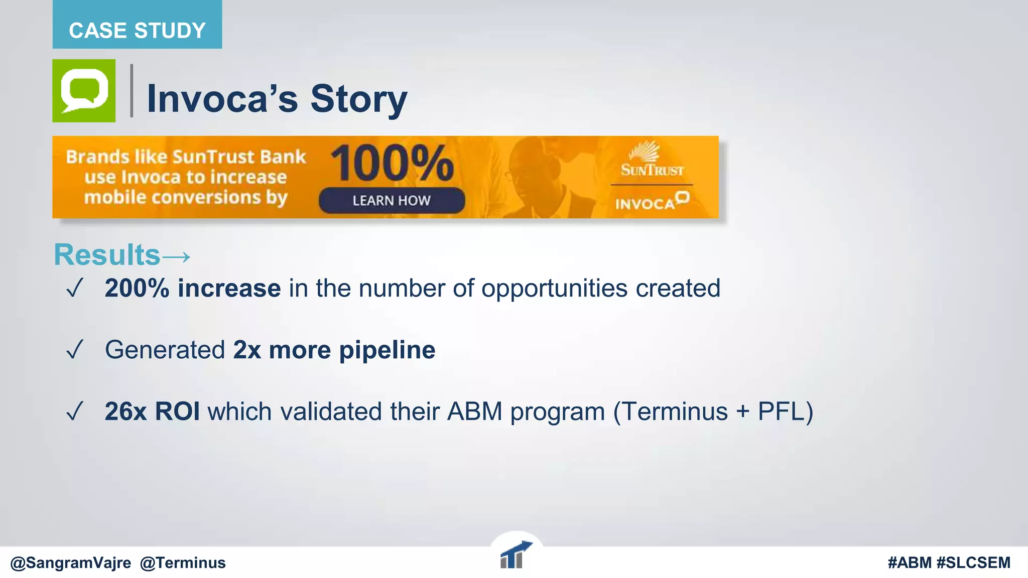 @terminus
Invoca’s Story
Results→
✓ 200% increase in the number of opportunities created
✓ Generated 2x more pipeline
✓ 26x ROI which validated their ABM program (Terminus + PFL)
@terminus #ABM #FlipMyFunnel
CASE STUDY
@SangramVajre @Terminus #ABM #SLCSEM
 