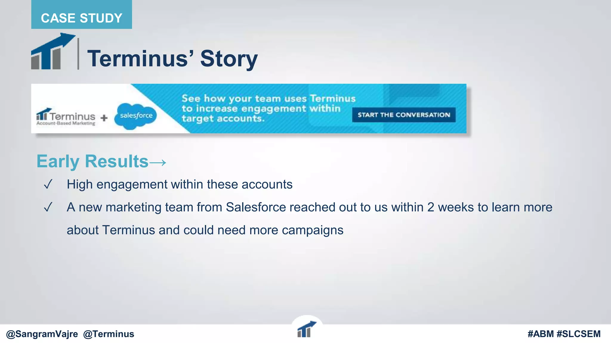 @terminus
Terminus’ Story
Early Results→
✓ High engagement within these accounts
✓ A new marketing team from Salesforce reached out to us within 2 weeks to learn more
about Terminus and could need more campaigns
@terminus #ABM #FlipMyFunnel
CASE STUDY
@SangramVajre @Terminus #ABM #SLCSEM
 