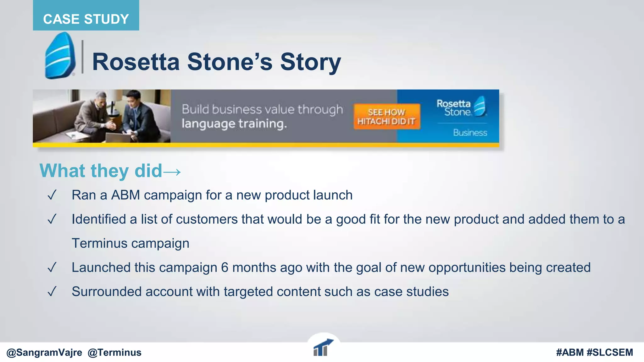 @terminus
Rosetta Stone’s Story
What they did→
✓ Ran a ABM campaign for a new product launch
✓ Identified a list of customers that would be a good fit for the new product and added them to a
Terminus campaign
✓ Launched this campaign 6 months ago with the goal of new opportunities being created
✓ Surrounded account with targeted content such as case studies
@terminus #ABM #FlipMyFunnel
CASE STUDY
@SangramVajre @Terminus #ABM #SLCSEM
 