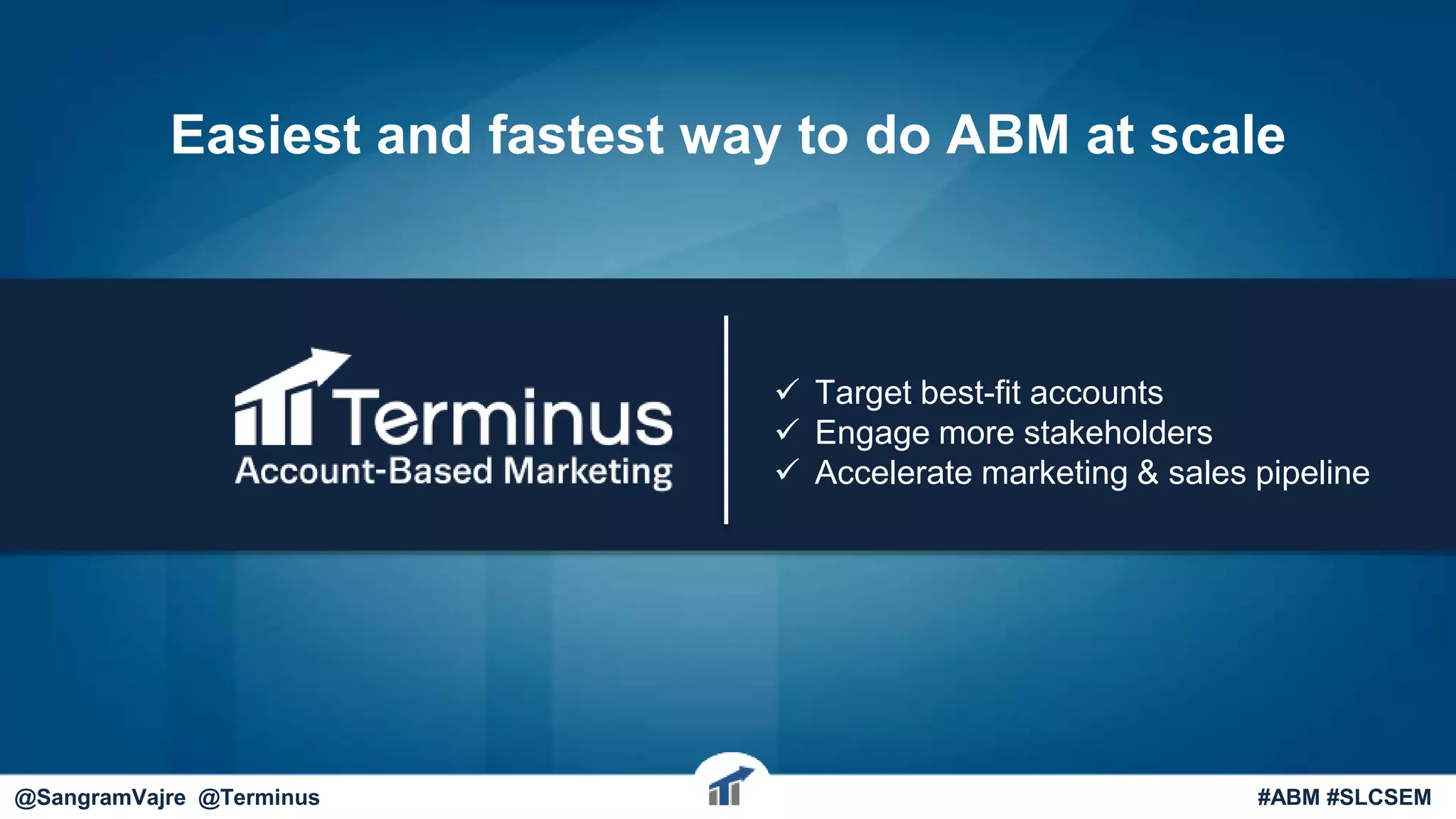  Target best-fit accounts
 Engage more stakeholders
 Accelerate marketing & sales pipeline
Easiest and fastest way to do ABM at scale
Terminus | The Solution@SangramVajre @Terminus #ABM #SLCSEM
 