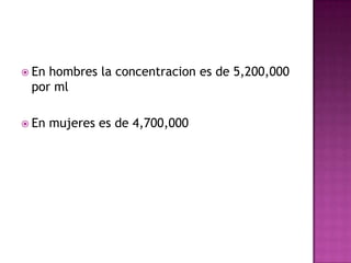  Enhombres la concentracion es de 5,200,000
 por ml

 En   mujeres es de 4,700,000
 