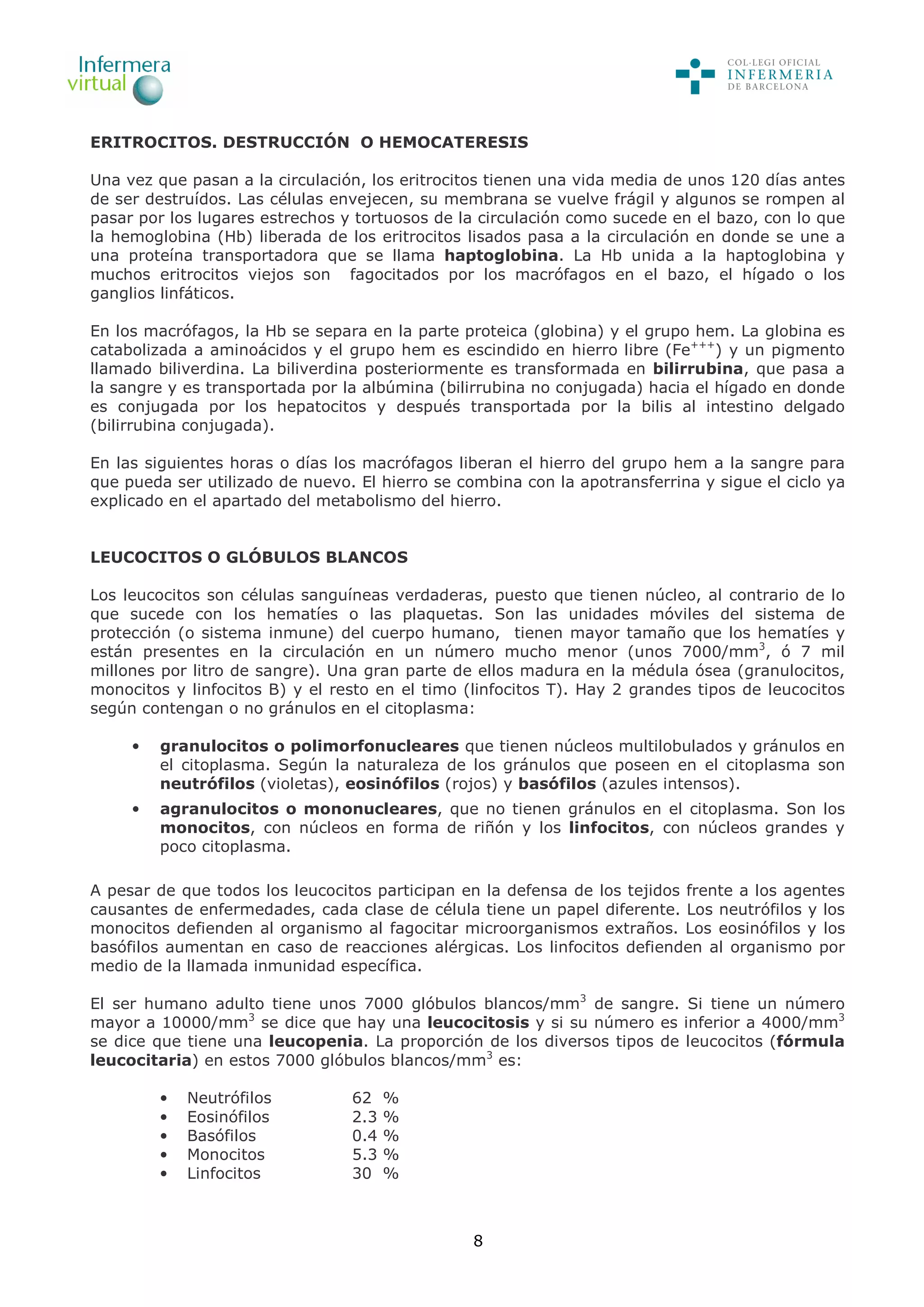 8
ERITROCITOS. DESTRUCCIÓN O HEMOCATERESIS
Una vez que pasan a la circulación, los eritrocitos tienen una vida media de unos 120 días antes
de ser destruídos. Las células envejecen, su membrana se vuelve frágil y algunos se rompen al
pasar por los lugares estrechos y tortuosos de la circulación como sucede en el bazo, con lo que
la hemoglobina (Hb) liberada de los eritrocitos lisados pasa a la circulación en donde se une a
una proteína transportadora que se llama haptoglobina. La Hb unida a la haptoglobina y
muchos eritrocitos viejos son fagocitados por los macrófagos en el bazo, el hígado o los
ganglios linfáticos.
En los macrófagos, la Hb se separa en la parte proteica (globina) y el grupo hem. La globina es
catabolizada a aminoácidos y el grupo hem es escindido en hierro libre (Fe+++
) y un pigmento
llamado biliverdina. La biliverdina posteriormente es transformada en bilirrubina, que pasa a
la sangre y es transportada por la albúmina (bilirrubina no conjugada) hacia el hígado en donde
es conjugada por los hepatocitos y después transportada por la bilis al intestino delgado
(bilirrubina conjugada).
En las siguientes horas o días los macrófagos liberan el hierro del grupo hem a la sangre para
que pueda ser utilizado de nuevo. El hierro se combina con la apotransferrina y sigue el ciclo ya
explicado en el apartado del metabolismo del hierro.
LEUCOCITOS O GLÓBULOS BLANCOS
Los leucocitos son células sanguíneas verdaderas, puesto que tienen núcleo, al contrario de lo
que sucede con los hematíes o las plaquetas. Son las unidades móviles del sistema de
protección (o sistema inmune) del cuerpo humano, tienen mayor tamaño que los hematíes y
están presentes en la circulación en un número mucho menor (unos 7000/mm3
, ó 7 mil
millones por litro de sangre). Una gran parte de ellos madura en la médula ósea (granulocitos,
monocitos y linfocitos B) y el resto en el timo (linfocitos T). Hay 2 grandes tipos de leucocitos
según contengan o no gránulos en el citoplasma:
• granulocitos o polimorfonucleares que tienen núcleos multilobulados y gránulos en
el citoplasma. Según la naturaleza de los gránulos que poseen en el citoplasma son
neutrófilos (violetas), eosinófilos (rojos) y basófilos (azules intensos).
• agranulocitos o mononucleares, que no tienen gránulos en el citoplasma. Son los
monocitos, con núcleos en forma de riñón y los linfocitos, con núcleos grandes y
poco citoplasma.
A pesar de que todos los leucocitos participan en la defensa de los tejidos frente a los agentes
causantes de enfermedades, cada clase de célula tiene un papel diferente. Los neutrófilos y los
monocitos defienden al organismo al fagocitar microorganismos extraños. Los eosinófilos y los
basófilos aumentan en caso de reacciones alérgicas. Los linfocitos defienden al organismo por
medio de la llamada inmunidad específica.
El ser humano adulto tiene unos 7000 glóbulos blancos/mm3
de sangre. Si tiene un número
mayor a 10000/mm3
se dice que hay una leucocitosis y si su número es inferior a 4000/mm3
se dice que tiene una leucopenia. La proporción de los diversos tipos de leucocitos (fórmula
leucocitaria) en estos 7000 glóbulos blancos/mm3
es:
• Neutrófilos 62 %
• Eosinófilos 2.3 %
• Basófilos 0.4 %
• Monocitos 5.3 %
• Linfocitos 30 %
 
