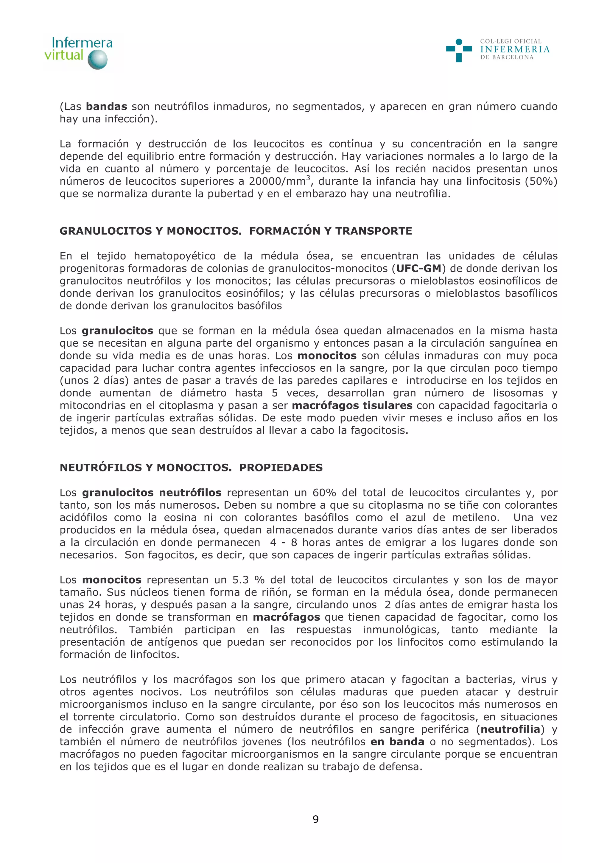 9
(Las bandas son neutrófilos inmaduros, no segmentados, y aparecen en gran número cuando
hay una infección).
La formación y destrucción de los leucocitos es contínua y su concentración en la sangre
depende del equilibrio entre formación y destrucción. Hay variaciones normales a lo largo de la
vida en cuanto al número y porcentaje de leucocitos. Así los recién nacidos presentan unos
números de leucocitos superiores a 20000/mm3
, durante la infancia hay una linfocitosis (50%)
que se normaliza durante la pubertad y en el embarazo hay una neutrofilia.
GRANULOCITOS Y MONOCITOS. FORMACIÓN Y TRANSPORTE
En el tejido hematopoyético de la médula ósea, se encuentran las unidades de células
progenitoras formadoras de colonias de granulocitos-monocitos (UFC-GM) de donde derivan los
granulocitos neutrófilos y los monocitos; las células precursoras o mieloblastos eosinofílicos de
donde derivan los granulocitos eosinófilos; y las células precursoras o mieloblastos basofílicos
de donde derivan los granulocitos basófilos
Los granulocitos que se forman en la médula ósea quedan almacenados en la misma hasta
que se necesitan en alguna parte del organismo y entonces pasan a la circulación sanguínea en
donde su vida media es de unas horas. Los monocitos son células inmaduras con muy poca
capacidad para luchar contra agentes infecciosos en la sangre, por la que circulan poco tiempo
(unos 2 días) antes de pasar a través de las paredes capilares e introducirse en los tejidos en
donde aumentan de diámetro hasta 5 veces, desarrollan gran número de lisosomas y
mitocondrias en el citoplasma y pasan a ser macrófagos tisulares con capacidad fagocitaria o
de ingerir partículas extrañas sólidas. De este modo pueden vivir meses e incluso años en los
tejidos, a menos que sean destruídos al llevar a cabo la fagocitosis.
NEUTRÓFILOS Y MONOCITOS. PROPIEDADES
Los granulocitos neutrófilos representan un 60% del total de leucocitos circulantes y, por
tanto, son los más numerosos. Deben su nombre a que su citoplasma no se tiñe con colorantes
acidófilos como la eosina ni con colorantes basófilos como el azul de metileno. Una vez
producidos en la médula ósea, quedan almacenados durante varios días antes de ser liberados
a la circulación en donde permanecen 4 - 8 horas antes de emigrar a los lugares donde son
necesarios. Son fagocitos, es decir, que son capaces de ingerir partículas extrañas sólidas.
Los monocitos representan un 5.3 % del total de leucocitos circulantes y son los de mayor
tamaño. Sus núcleos tienen forma de riñón, se forman en la médula ósea, donde permanecen
unas 24 horas, y después pasan a la sangre, circulando unos 2 días antes de emigrar hasta los
tejidos en donde se transforman en macrófagos que tienen capacidad de fagocitar, como los
neutrófilos. También participan en las respuestas inmunológicas, tanto mediante la
presentación de antígenos que puedan ser reconocidos por los linfocitos como estimulando la
formación de linfocitos.
Los neutrófilos y los macrófagos son los que primero atacan y fagocitan a bacterias, virus y
otros agentes nocivos. Los neutrófilos son células maduras que pueden atacar y destruir
microorganismos incluso en la sangre circulante, por éso son los leucocitos más numerosos en
el torrente circulatorio. Como son destruídos durante el proceso de fagocitosis, en situaciones
de infección grave aumenta el número de neutrófilos en sangre periférica (neutrofilia) y
también el número de neutrófilos jovenes (los neutrófilos en banda o no segmentados). Los
macrófagos no pueden fagocitar microorganismos en la sangre circulante porque se encuentran
en los tejidos que es el lugar en donde realizan su trabajo de defensa.
 