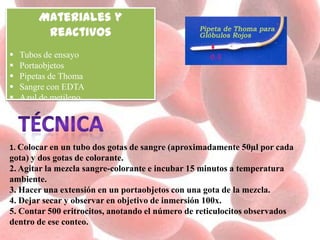 Materiales y
reactivos
 Tubos de ensayo
 Portaobjetos
 Pipetas de Thoma
 Sangre con EDTA
 Azul de metileno
1. Colocar en un tubo dos gotas de sangre (aproximadamente 50µl por cada
gota) y dos gotas de colorante.
2. Agitar la mezcla sangre-colorante e incubar 15 minutos a temperatura
ambiente.
3. Hacer una extensión en un portaobjetos con una gota de la mezcla.
4. Dejar secar y observar en objetivo de inmersión 100x.
5. Contar 500 eritrocitos, anotando el número de reticulocitos observados
dentro de ese conteo.
 