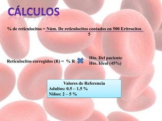 % de reticulocitos = Núm. De reticulocitos contados en 500 Eritrocitos
5
Reticulocitos corregidos (R) = % R
Hto. Del paciente
Hto. Ideal (45%)
Valores de Referencia
Adultos: 0.5 – 1.5 %
Niños: 2 – 5 %
 