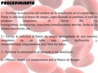 Procedimiento
1.- Verificar la indicación del médico de la transfusión en el expediente y
llenar la solicitud al banco de sangre, especificando la cantidad, el tipo de
producto sanguíneo, el factor Rh, la
hemoglobina, hematocrito, reacciones transfusionales previas, fecha de la
última transfusión, etc.
2.- Enviar la solicitud al banco de sangre acompañada de una muestra
sanguínea en un tubo rojo para tipificación y
compatibilidad, etiquetándose muy bien los tubos.
3.- Solicitar la autorización al paciente o sus familiares.
4.- Obtener sangre y/o componentes por el Banco de Sangre
 