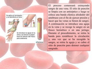 El proceso comenzará extrayendo
sangre de una vena. El sitio de punción
se limpia con un antiséptico y luego se
coloca una banda elástica alrededor del
antebrazo con el fin de ejercer presión y
hacer que las venas se llenen de sangre.
A continuación se introduce una aguja
en la vena y se recoge la sangre en un
frasco hermético o en una jeringa.
Durante el procedimiento, se retira la
banda para restablecer la circulación
y, una vez que se ha recogido la
sangre, se retira la aguja y se cubre el
sitio de punción para detener cualquier
sangrado.
 