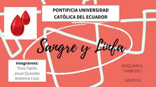 PONTIFICIA UNIVERSIDAD
CATÓLICA DEL ECUADOR
Sangre y Linfa
BIOQUÍMICA
19/08/2021
GRUPO 8
Integrantes:
Thais Patiño
Josue Quezada
Andreina Coox