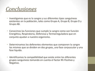 Conclusiones
• Investigamos que es la sangre y sus diferentes tipos sanguíneos
existentes en la población, tales como Grupo A, Grupo B, Grupo O y
Grupo AB.
• Conocimos las funciones que cumple la sangre como son función
Energética, Respiratoria, Defensiva y Termorreguladora que en
conjunto ayudan a nuestro organismo.
• Determinamos los deferentes elementos que componen la sangre
los mismos que se dividen en dos grupos, una fase corpuscular y una
fase liquida.

• Identificamos la compatibilidad que existe entre los diferentes
grupos sanguíneos tomando en cuenta el factor Rh Positivo y
Negativo.

 