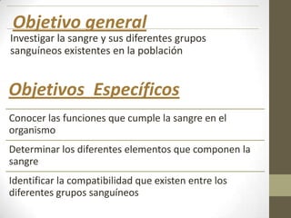 Objetivo general
Investigar la sangre y sus diferentes grupos
sanguíneos existentes en la población

Objetivos Específicos
Conocer las funciones que cumple la sangre en el
organismo
Determinar los diferentes elementos que componen la
sangre
Identificar la compatibilidad que existen entre los
diferentes grupos sanguíneos

 