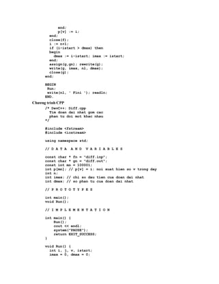 end;
             p[v] := i;
        end;
        close(f);
        i := n+1;
        if (i-istart > dmax) then
        begin
           dmax := i-istart; imax := istart;
        end;
        assign(g,gn); rewrite(g);
        write(g, imax, nl, dmax);
        close(g);
      end;

      BEGIN
       Run;
       write(nl, ' Fini '); readln;
      END.
Chương trình CPP
      /* DevC++: Diff.cpp
         Tim doan dai nhat gom cac
         phan tu doi mot khac nhau
      */

      #include <fstream>
      #include <iostream>

      using namespace std;

      // D A T A    A N D   V A R I A B L E S

      const char * fn = "diff.inp";
      const char * gn = "diff.out";
      const int mn = 100001;
      int p[mn]; // p[v] = i: noi xuat hien so v trong day
      int n;
      int imax; // chi so dau tien cua doan dai nhat
      int dmax; // so phan tu cua doan dai nhat

      // P R O T O T Y P E S

      int main();
      void Run();

      // I M P L E M E N T A T I O N

      int main() {
          Run();
          cout << endl;
          system("PAUSE");
          return EXIT_SUCCESS;
      }

      void Run() {
        int i, j, v, istart;
        imax = 0, dmax = 0;
 