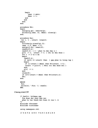 begin
                imax := pmin;
                dmax := i;
            end
           end
        end;
      end;

      procedure Ghi;
      begin
        assign(g,gn); rewrite(g);
        writeln(g,imax, nl, dmax); close(g);
      end;

      procedure Run;
       var i, v , istart: longint;
      begin
        fillchar(p,sizeof(p),0);
        imax := 0; dmax := 0;
        assign(f,fn); reset(f);
        readln(f,n);
        read(f,v); { v – phan tu dau day a }
        p[v] := 1; istart := 1; { chi so dau doan }
        for i := 2 to n do
        begin
           read(f,v);
           if (p[v] >= istart) then { gap phan tu trung lap }
           begin
            if (i-istart > dmax) then Hv(istart, i-1);
            istart := p[v]+1; { Khoi tri dau doan moi }
           end;
           p[v] := i;
        end;
        close(f);
        if (n+1-istart > dmax) then Hv(istart,n);
        Ghi;
      end;

      BEGIN
       Run;
       write(nl,' Fini '); readln;
      END.

Chương trình CPP

      /* DevC++: hv1kmax.cpp
         Tim doan dai nhat gom cac
         phan tu tao thanh mot hoan vi cua 1..k
      */
      #include <fstream>
      #include <iostream>

      using namespace std;

      // D A T A   A N D   V A R I A B L E S
 