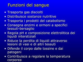Funzioni del sangue Trasporta gas disciolti Distribuisce sostanze nutritive Trasporta i prodotti del catabolismo Consegna enzimi e ormoni a specifici tessuti-bersaglio Regola pH e composizione elettrolitica dei liquidi interstiziali Riduce la perdita di liquidi attraverso lesioni di vasi e di altri tessuti Difende il corpo dalle tossine e dai patogeni Contribuisce a regolare la temperatura corporea 