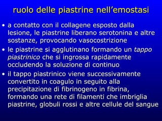 ruolo delle piastrine nell’emostasi a contatto con il collagene esposto dalla lesione, le piastrine liberano serotonina e altre sostanze, provocando vasocostrizione le piastrine si agglutinano formando un  tappo piastrinico  che si ingrossa rapidamente occludendo la soluzione di continuo il tappo piastrinico viene successivamente convertito in coagulo in seguito alla precipitazione di fibrinogeno in fibrina, formando una rete di filamenti che imbriglia piastrine, globuli rossi e altre cellule del sangue 
