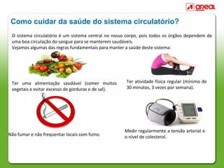 Como cuidar da saúde do sistema circulatório?
 O sistema circulatório é um sistema central no nosso corpo, pois todos os órgãos dependem de
 uma boa circulação do sangue para se manterem saudáveis.
 Vejamos algumas das regras fundamentais para manter a saúde deste sistema:




 Ter uma alimentação saudável (comer muitos          Ter atividade física regular (mínimo de
 vegetais e evitar excesso de gorduras e de sal).    30 minutos, 3 vezes por semana).




                                                    Medir regularmente a tensão arterial e
Não fumar e não frequentar locais com fumo.         o nível de colesterol.
 