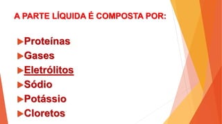 A PARTE LÍQUIDA É COMPOSTA POR:
Proteínas
Gases
Eletrólitos
Sódio
Potássio
Cloretos
 