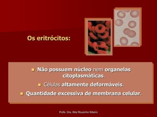 Os eritrócitos:




        Não possuem núcleo nem organelas
                 citoplasmáticas.
            Células altamente deformáveis.
   Quantidade excessiva de membrana celular.


                  Profa. Dra. Rita Mousinho Ribeiro
 