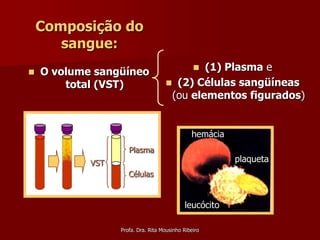 Composição do
       sangue:
   O volume sangüíneo                      (1) Plasma e
                                                

        total (VST)                  (2) Células sangüíneas
                                     (ou elementos figurados)


                                               hemácia
                     Plasma
            VST                                          plaqueta
                     Células


                                            leucócito

                  Profa. Dra. Rita Mousinho Ribeiro
 