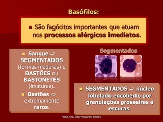 Basófilos:

         São fagócitos importantes que atuam
         nos processos alérgicos imediatos.

   Sangue 
 SEGMENTADOS
(formas maduras) e
   BASTÕES ou
   BASTONETES
    (imaturas).                     SEGMENTADOS  núcleo
   Bastões                          lobulado encoberto por
   extremamente                      granulações grosseiras e
       raros.                                escuras.
                  Profa. Dra. Rita Mousinho Ribeiro
 