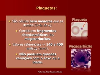 Plaquetas:


   São células bem menores que as
           demais (3-4 de ).
        Constituem fragmentos
          citoplasmáticos dos
            megacariócitos.
   Valores referenciais  140 a 400
              mil/L (mm3).
       Não possuem grandes
      variações com o sexo ou a
                idade.

                    Profa. Dra. Rita Mousinho Ribeiro
 