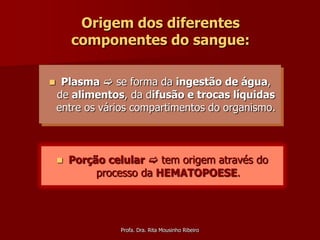 Origem dos diferentes
        componentes do sangue:

    Plasma  se forma da ingestão de água,
    de alimentos, da difusão e trocas líquidas
    entre os vários compartimentos do organismo.



       Porção celular  tem origem através do
             processo da HEMATOPOESE.




                 Profa. Dra. Rita Mousinho Ribeiro
 