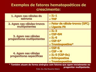 Exemplos de fatores hematopoéticos de
              crescimento:
  1. Agem nas células do                 IL-1
         estroma                         TNF

2. Agem nas células-tronco               Fator de célula-tronco (SFC)
      multipotentes                      Ligante Flt
                                         IL-3
                                         CSF-GM
   3. Agem nas células
                                         IL-6
progenitoras multipotentes
                                         CSF-G*
                                         Trombopoetina*
                                         CSF-G
                                         CSF – M
   4. Agem nas células
                                         IL-5 (CSF-Eo)
 progenitoras específicas
                                         Eritropoetina
                                         Trombopoetina
* Também atuam de forma sinérgica com fatores que agem inicialmente no
                                               progenitor multipotente.
                       Profa. Dra. Rita Mousinho Ribeiro
 