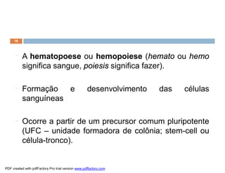 16
¨ A hematopoese ou hemopoiese (hemato ou hemo
significa sangue, poiesis significa fazer).
¨ Formação e desenvolvimento das células
sanguíneas
¨ Ocorre a partir de um precursor comum pluripotente
(UFC – unidade formadora de colônia; stem-cell ou
célula-tronco).
PDF created with pdfFactory Pro trial version www.pdffactory.com
 