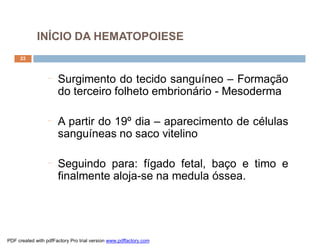 23
¨ Surgimento do tecido sanguíneo – Formação
do terceiro folheto embrionário - Mesoderma
¨ A partir do 19º dia – aparecimento de células
sanguíneas no saco vitelino
¨ Seguindo para: fígado fetal, baço e timo e
finalmente aloja-se na medula óssea.
INÍCIO DA HEMATOPOIESE
PDF created with pdfFactory Pro trial version www.pdffactory.com
 