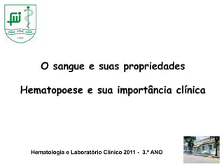 O sangue e suas propriedades

Hematopoese e sua importância clínica




  Hematologia e Laboratório Clínico 2011 - 3.º ANO
 