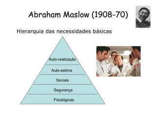 Abraham Maslow (1908-70)

Hierarquia das necessidades básicas




           Auto-realização

            Auto-estima

               Sociais

             Segurança

             Fisiológicas
 