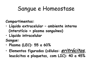 Sangue e Homeostase

Compartimentos:
• Líquido extracelular – ambiente interno
  (interstício + plasma sanguíneo)
• Líquido intracelular
Sangue:
• Plasma (LEC): 55 a 60%
• Elementos figurados (células: eritrócitos,
  leucócitos e plaquetas, com LIC): 40 a 45%
 