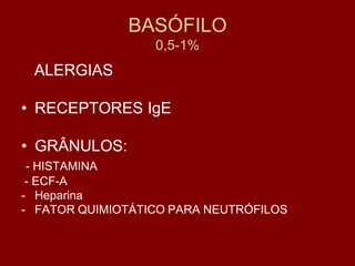BASÓFILO
                  0,5-1%
 ALERGIAS

• RECEPTORES IgE

• GRÂNULOS:
 - HISTAMINA
 - ECF-A
- Heparina
- FATOR QUIMIOTÁTICO PARA NEUTRÓFILOS
 