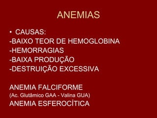 ANEMIAS
• CAUSAS:
-BAIXO TEOR DE HEMOGLOBINA
-HEMORRAGIAS
-BAIXA PRODUÇÃO
-DESTRUIÇÃO EXCESSIVA

ANEMIA FALCIFORME
(Ac. Glutâmico GAA - Valina GUA)
ANEMIA ESFEROCÍTICA
 