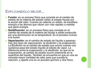 Ahora veamos los Cambios de estadosVOLATILIZACIONSOLIDIFICACIONFUSIONSUBLIMACIONVAPORIZACIONCONDENSACION