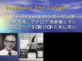 Tennis for Two (1958) ウィリアム・ヒギンボーサム博士が開発。アナログ演算機とオシロスコープを“遊び”のために用いた 