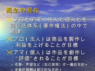 概念の混在 プロとアマ，法人と個人とを同じ法体系 ( 著作権法 ) の中で規律 プロ ( 法人 ) は商品を製作し，利益を上げることが目標 アマ ( 個人 ) は作品を創作し，“評価”されることが目標 名誉・声望など〈自己実現〉が一義的目的 ? 金銭的報酬は副次的な目的 ? 
